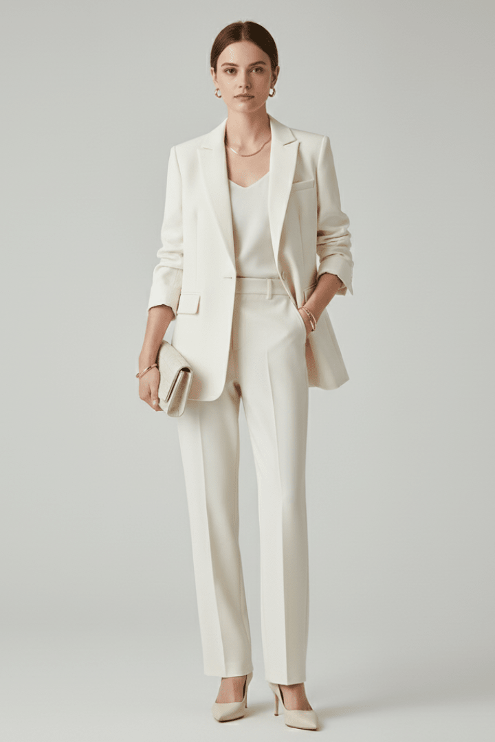 Women's suit set featuring a tailored blazer and straight-leg trousers, designed for a defined shape and elegant style, perfect for professional and formal occasions. 0
